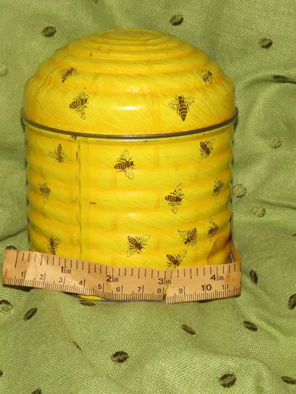 VTG Yellow Beehive Tin Canister Honey Bee Bumble Bee Cottagecore Home Decor